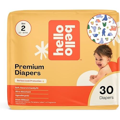 Hello Bello Premium Diapers Size 2 (10-16 lbs), Happy Camper Designs, 30ct Jumbo Pack