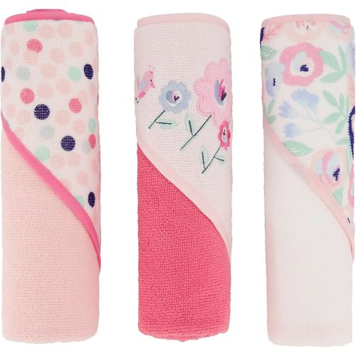 Cudlie Buttons & Stitches Baby Girl 3 Pack Rolled/Carded Hooded Towels in Blooms & Dots Print, GS71731
