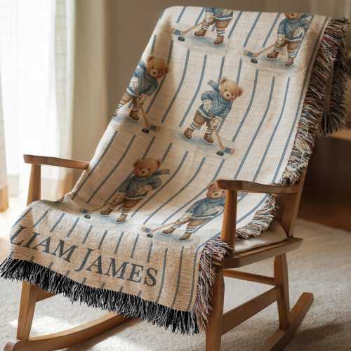 Vintage Hockey Nursery Decor Bear Baby Blanket Personalized Baby Boy Blanket Custom Baby Name Blanket Hockey Boy Baby Shower Gift Keepsake