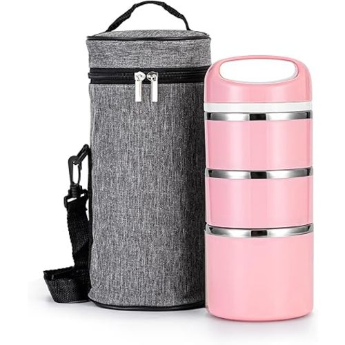 Lille Home Stackable Stainless Steel Lunch Containers, 43OZ Capacity 3 Layers Leakproof Bento Box for Adult, Portable Lunch Box for Women, Man, Travel, Office with Lunch Bag(Pink.Pro)