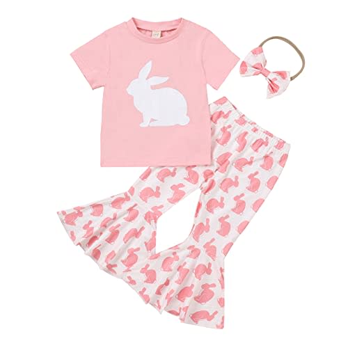 YINGISFITM Baby Girl Easter Outfit Bunny Print Short Sleeve Tee Tshirt Pants Toddler Bell Bottoms Summer Clothes 2Pcs Set
