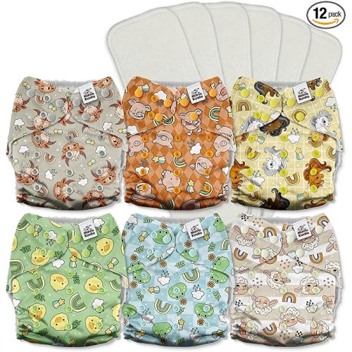 Mama Koala 3.0 Cloth Diapers for Babies with AWJ Lining, 6 Pack with 6 5-Layer Natural Cloth Diaper Inserts - Reusable and Washable Pocket Diapers(A-Farm Animals)