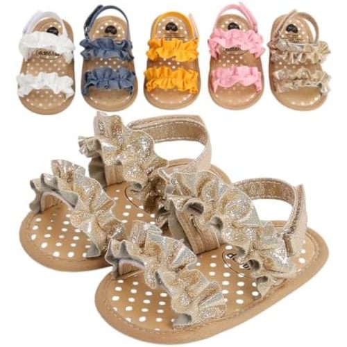 Baby Girl Sandals Soft Sole First Walker Shoes Non Slip Toddler Summer Sandals Adjustable Strap Infant Walking Shoes Ruffle Bow Baby Dress Sandals for 0-18 Months