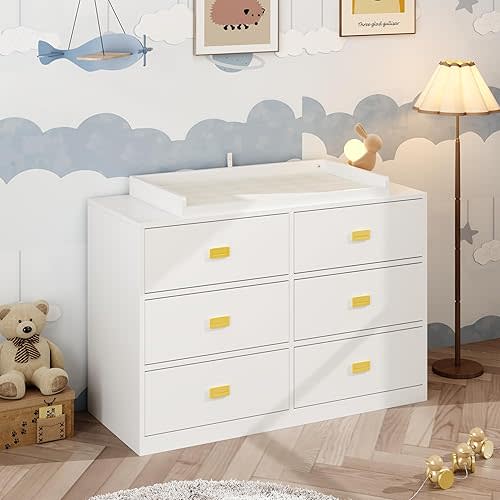 6 Drawer Baby Dresser, Nursery Dresser with Changing Topper, Long Cabinet for Infant Cloth Organize, Changing Station for Nursery and Kids Bedroom Storage, White (45.3" W x 18.9" D x 30.1" H)