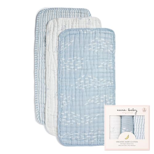 Nana Baby Burp Cloths – 100% Organic Cotton, Oversized & Hypoallergenic, 8-Layer Muslin, Machine Washable, Neutral Unisex Colors, Gentle on Sensitive Skin, Set of 3 (Blue)