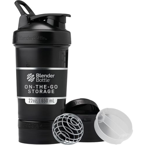BlenderBottle Shaker Bottle with Pill Organizer and Storage for Protein Powder, Classic V2 ProStak System, 22-Ounce, Midnight Black