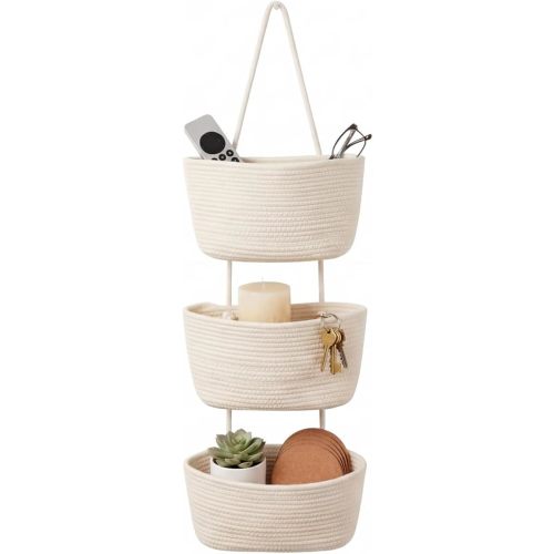 Hanging Wall Basket, Over the Door Hanging Basket with Hooks for Storage, Organizing, Decorative Boho Decor for Nursery, Bedroom, Living Room with 4 Hooks, Whte