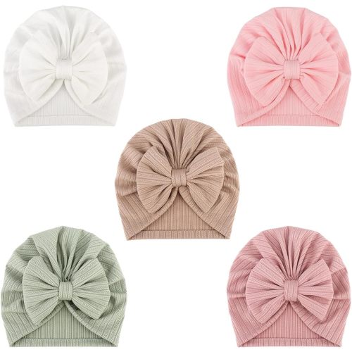 DRESHOW BQUBO 5 Pieces Newborn Baby Turban Hats Bow Baby Infant Beanie Breathable Toddler Cap for Baby Girls