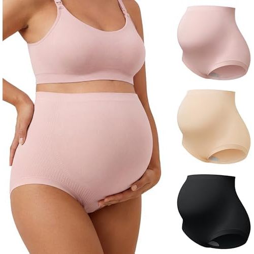 OUGES Women’s Modal 3 Pack Seamless Maternity Underwear Over Belly Stretchy High Waist Soft Pregnancy Postpartum Panties