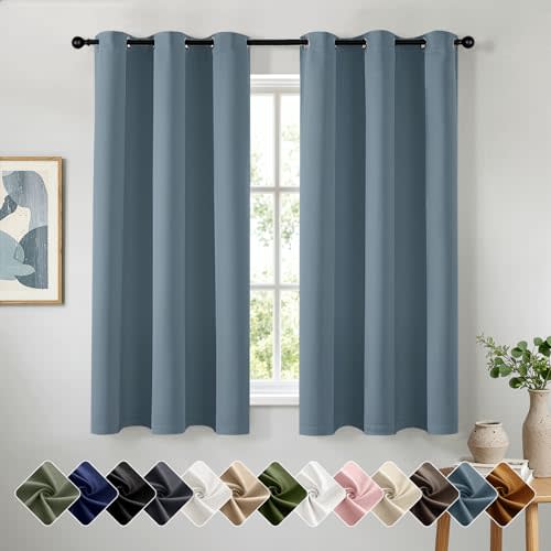 Stone Blue Blackout Curtains for Bedroom Living Room W40 x L63 Inch | 63 Inch Long, 2 Panels, Solid, Thermal Insulated, Room Darkening, Sunlight Blocking Window Treatments