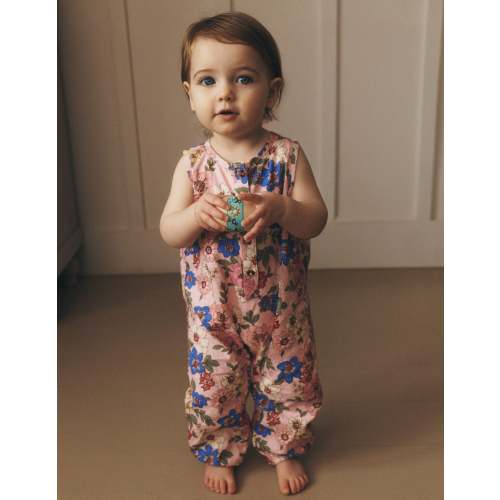 Girls Button Down Romper-Mid Pink Floral