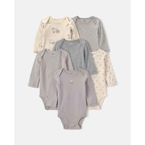 Baby 6-Pack Sheep Long-Sleeve Bodysuits - Grey/White | Carter’s Oshkosh Canada