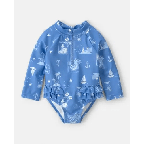 Baby Girl Sailboat Long-Sleeve 1-Piece Rashguard Swimsuit - Blue | Carter's