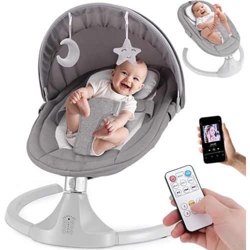 Baby Swing for Newborns 0-6 Months, Electric Infant Swing with Bluetooth & Remote Control, 5-Speed Portable Rocker with 12 Soothing Lullabies, 3-Point Widened Harness, ASTM Certified