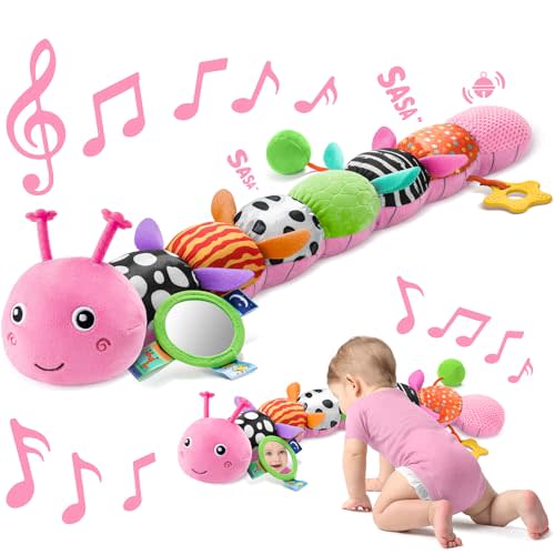 Baby Toys 0-6 6-12 Months,Music Caterpillar Plush Toy with Baby Mirror, Pull String&Crinkle Rattle,Infant Sensory Toys,Tummy Time for 0-3-6-12 Month Boys Girls Newborn Gifts (Pink-Leaf)