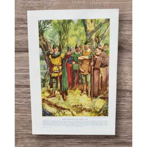 Vintage 1950s Robin Hood Print: Sherwood Forest Lithograph Wall Art