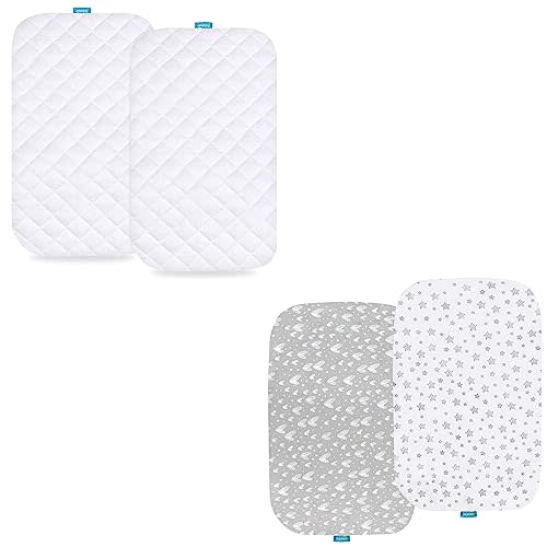 Waterproof Bassinet Mattress Pad Cover, Viscose Made from Bamboo & Bassinet Sheets Compatible with KoolerThings (3 in 1) Baby Bedside Bassinet, 100% Jersey Knit Cotton Sheets, 2 Pack