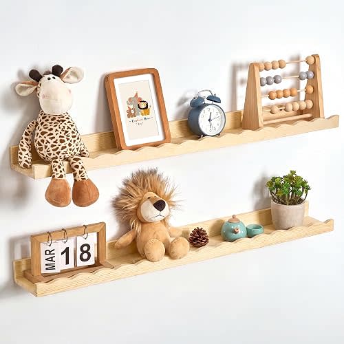 Fun Memories Picture Ledge Shelf for Wall, 36 inch Pine Wood Nursery Book Shelves Set of 2- Wall Book Shelves for Kids Room, Home Decor - Kitchen Spice-Natural