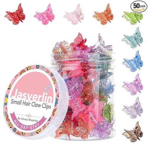 Glitter Mini Butterfly Hair Claw Clips, Sparkly Colorful Hair Accessories for Girls and Women - 90s Y2K Cute, Small, Tiny Clip in 10 Assorted Colors, Set of 50 (Glitter)