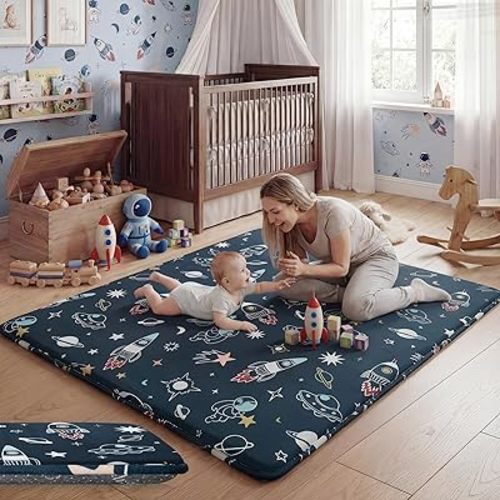 1.5" Thick Premium Baby Floor Play Mat, 71x79 Over-Sized Padded Memory Foam Mat, Tummy Time Crawling Playmat for Nursery Kids Playroom, Space Adventure