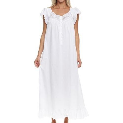 Alexander Del Rossa Long White Cotton Nightgowns for Women, Summer Nightgowns for Women Soft Cotton