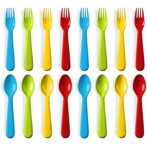 16 Pc Plastic Toddler Utensils Set - 8 Kids Forks & 8 Kids Spoons, BPA Free/Dishwasher Safe, Brightly Colored Silverware, Great for Toddlers