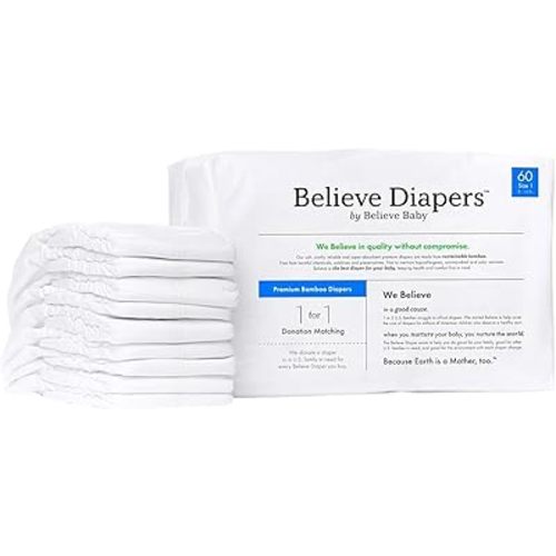 Believe Diapers Size 1 (8-14Lbs) Viscose Bamboo Diaper 60 Count – Natural BabyChemical Free Natural Diapers for Sensitive Skin, Super Absorbent Clean Unscented Plain White Diaper