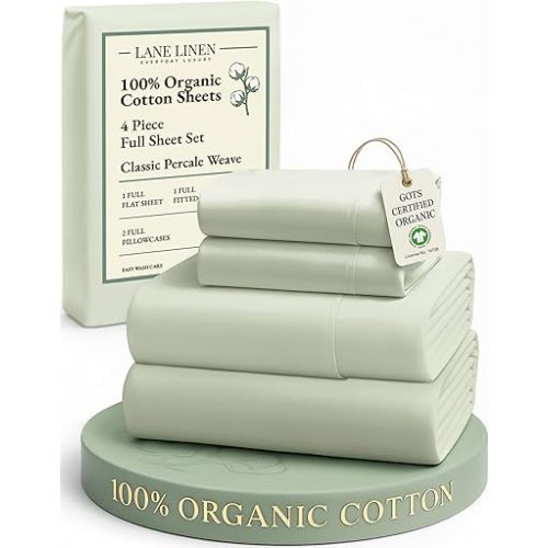 LANE LINEN 100% Organic Cotton Eco Friendly Full Size Sheet & Pillowcase Sets, Fully Elasticized Soft & Comfy Percale Bedding, Naturally Temperature Regulating Cotton Sheets Full- Mineral