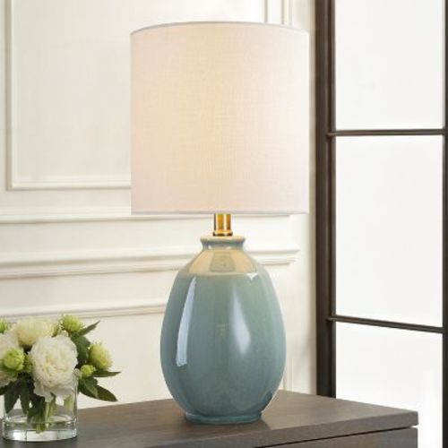 C Cattleya 19in. Celadon Green Crackle Glaze Ceramic Table Lamp with Yellow Linen Shade and Brass Finish Lamp Neck