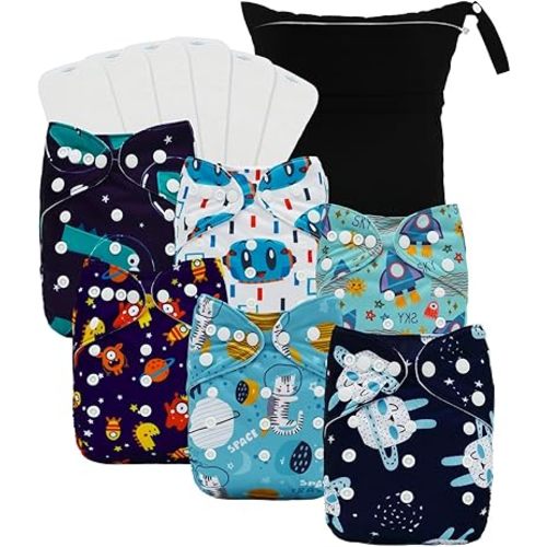 babygoal Dinosaur Cloth Diapers Pack of 13, Baby Reusable Washable Pocket Nappy, 6pcs Diapers+6pcs Rayon from Bamboo Inserts+Wet Bag