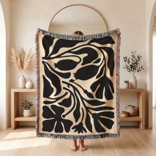 Abstract Botanical Throw Blanket 100% Woven Cotton | Matisse Inspired, Scandinavian Minimalist, Dopamine Home Decor, Black and Cream