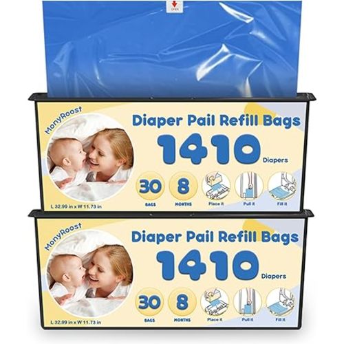 Diaper Pail Refills Bags Compatible with Genie Easy Roll Signature & Platinum Diaper Pails | Holds Up to 1410 Newborn Diapers Per Refill | 7 Layer Odor Barrier Technology, 2Pack(60 Bags)