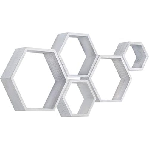 PHOENANCEE Hexagon Floating Shelves,Wall Mounted Wood Farmhouse Storage Honeycomb Wall Shelf Set of 5,for Bathroom, Kitchen, Bedroom, Living Room,Office,Driftwood Finish (Weathered White)