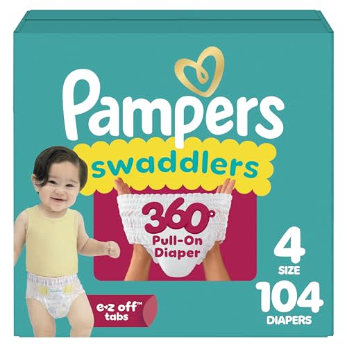 Pampers Diapers - Swaddlers 360° - Size 4, 104 Count, up to 100% Leakproof Comfy Dry Fit, Designed for Easy Changes, Pull On Baby Diaper (Packaging May Vary)