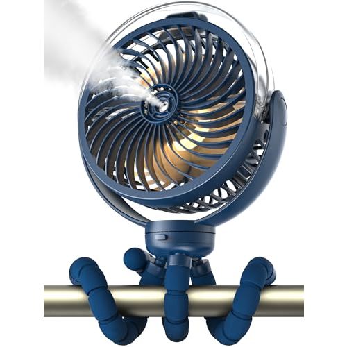 Misting Stroller Fan, 6000mAh Battery Operated Portable Fan with Light & 360° Pivoting, Personal Cooling Fans with Flexible Tripod for Baby, Office, Travel,Treadmill,Outdoors (Dark Blue)