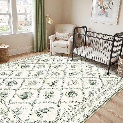 Animal Area Rugs 5x7 for Baby Nursery, Cute Olive Green Rugs for Bedroom Girls, Living Room, Kids Room Playroom Reading Corner, Washable Ultra Soft Stain Resistant Floral Floor Decor