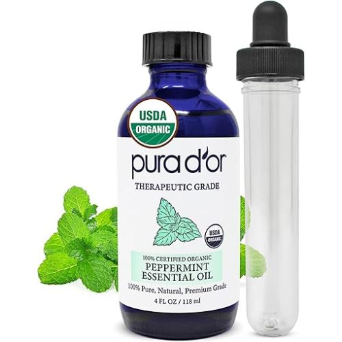 PURA D'OR Organic Peppermint Essential Oil (4oz with Glass Dropper) 100% Pure & Natural Therapeutic Grade - Hair, Body, Skin, Aromatherapy Diffuser, Massage, Refreshens, Energy, Mood, Home, DIY Soap