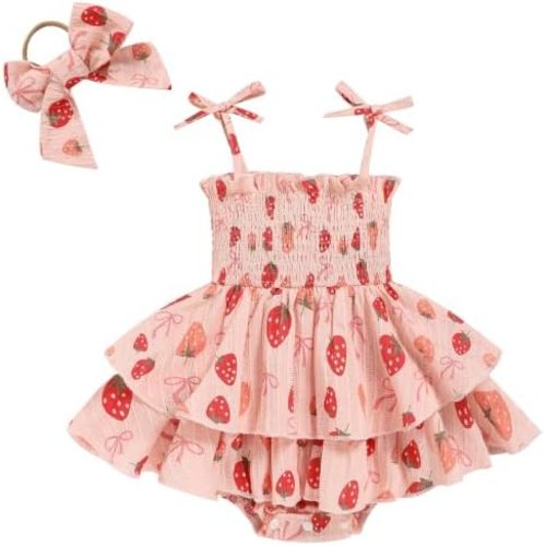 TITKKOP Baby Girl Summer Outfits Infant Double Romper - Sleeveless Bodysuit & Cake Smash Outfit