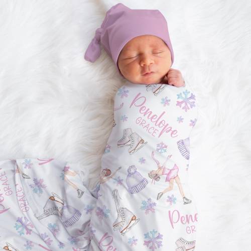 Personalized Ice Skating Swaddle Blanket Hat Name Baby Blanket Newborn Baby Girl Coming Home Outfit Hospital Photo Outfit Baby Shower Gift