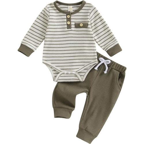 Lamuusaa Newborn Baby Boy Clothes Stripe Long Sleeve Romper Onesie Jogger Pants Waffle Fall Outfit 0-18M - 0-3 Months - Army Green