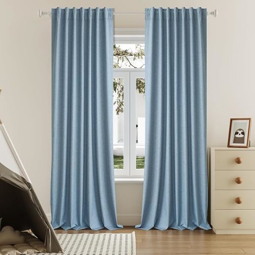 100% Blackout Linen Slate Blue Curtains 84 Inch for Living Room Darkening, Bedroom Linen Drapes 84 Inches Long Rod Pocket/Back Tab Heat Blocking Bohemian Pleated Window Curtain(50"x84"x2)
