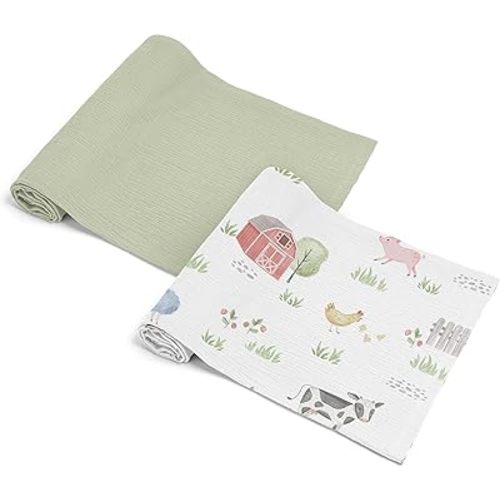 Sweet Jojo Designs 2-Piece Baby Muslin Swaddle Blanket Set (Farm Animals) for Boys & Girls, Infant Nursery, Lightweight Cotton Blanket for Newborns (Solid Sage Green, Watercolor, Farmhouse, Barn, Cow)