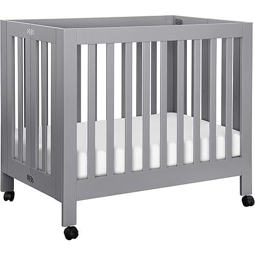 Babyletto Origami Mini Portable Folding Crib with Wheels in Grey, 2 Adjustable Mattress Positions, Greenguard Gold Certified