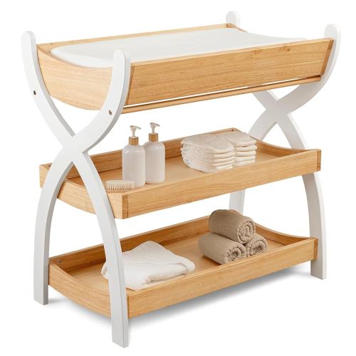 Comfy Cubs Baby Changing Table - Sturdy Wood Construction, Timeless Look Baby Change Table with Two Open Shelves for Infant Daycare Essentials Storage - Natural Wood with White Legs