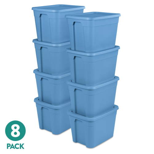 (8 pack) Sterilite 18 Gallon Tote, Plastic Storage Bin with Snap-on Lid, Stackable, Blue