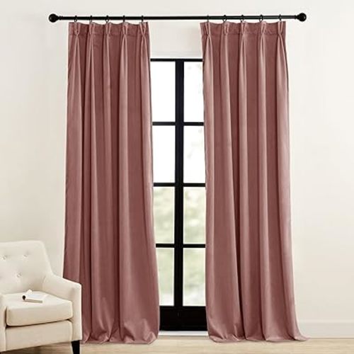 RYB Home Pinch Pleated Velvet Curtains, Room Darkening Thermal Insulated Privacy Protect Pleated Drapes for Girls Bedroom Princess Room, Wild Rose, W34 x L84 inches, 2 Panels