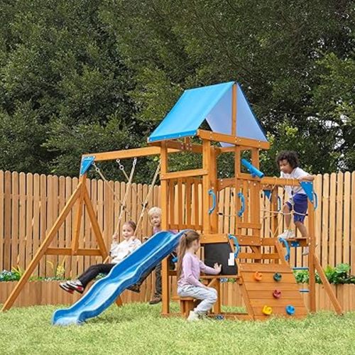 Dolphin Playground Wooden Swing Sets for Backyard with Plank Bridge