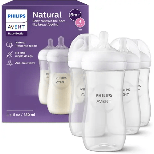 Philips Avent Natural Baby Bottles with Natural Response Nipples (Fast Flow, Flow 4), 11oz, 4-Pack, SCY906/04