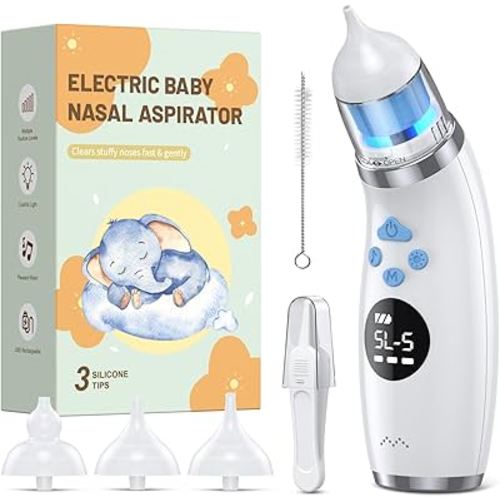 Nasal Aspirator for Baby with Light and Music, Electric Babies Nose Sucker with 3 Soft Silicone Tips, 5 Levels Suction Adjustment Nose Cleaner for Kids Girl Boy Adult Pets