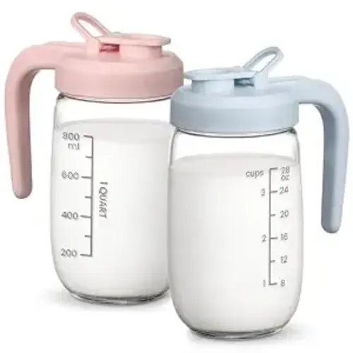 2 Pack Breast Milk Pitcher 32 OZ, Heat & Cold Resistant, Sudden Temperature Safe, Fast Baby Formula Maker with Wide Mouth, No Leak Glass Fridge Storage Container for Juice, Cold Brew-Blue, Pink